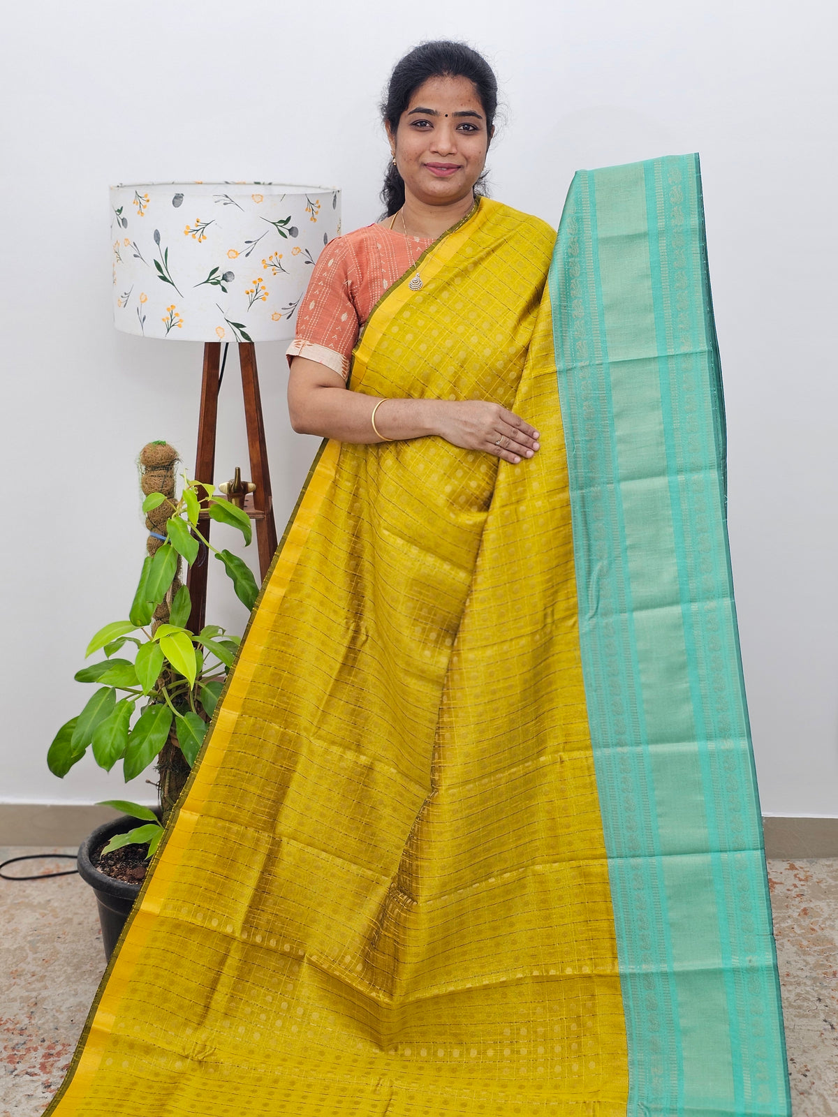 Semi Raw Silk Saree - Yellow with Sea Green