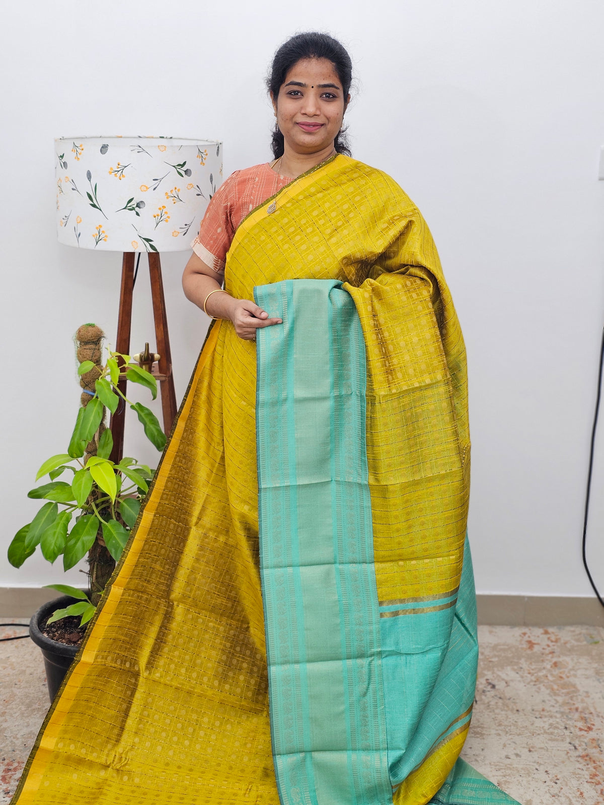 Semi Raw Silk Saree - Yellow with Sea Green
