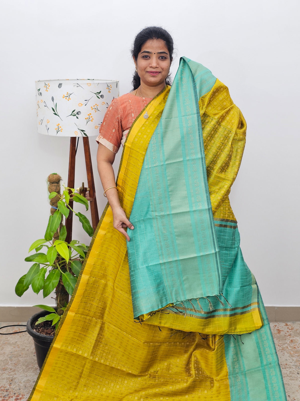 Semi Raw Silk Saree - Yellow with Sea Green
