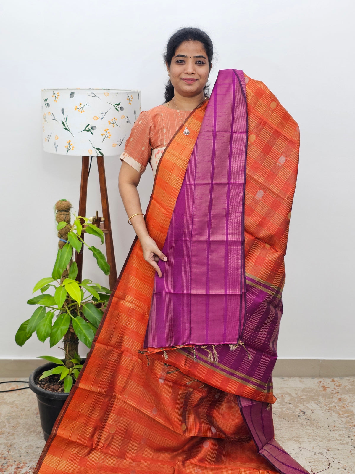 Semi Raw Silk Saree -  Orange with Magenta Pink