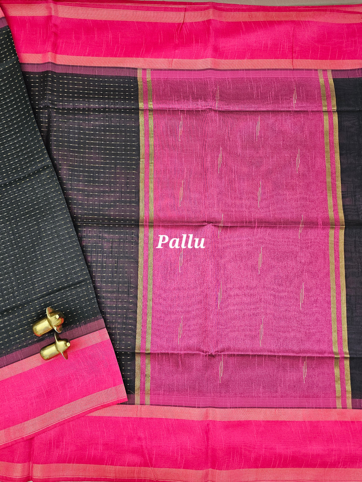 Semi Raw Silk - Black with Pink