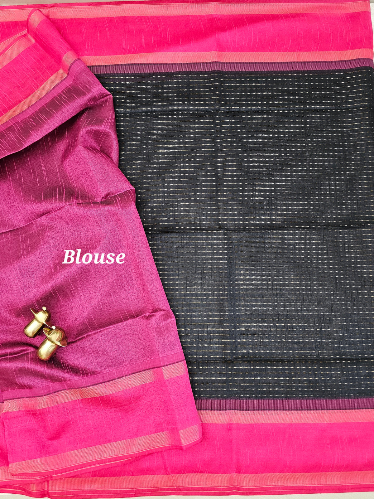 Semi Raw Silk - Black with Pink