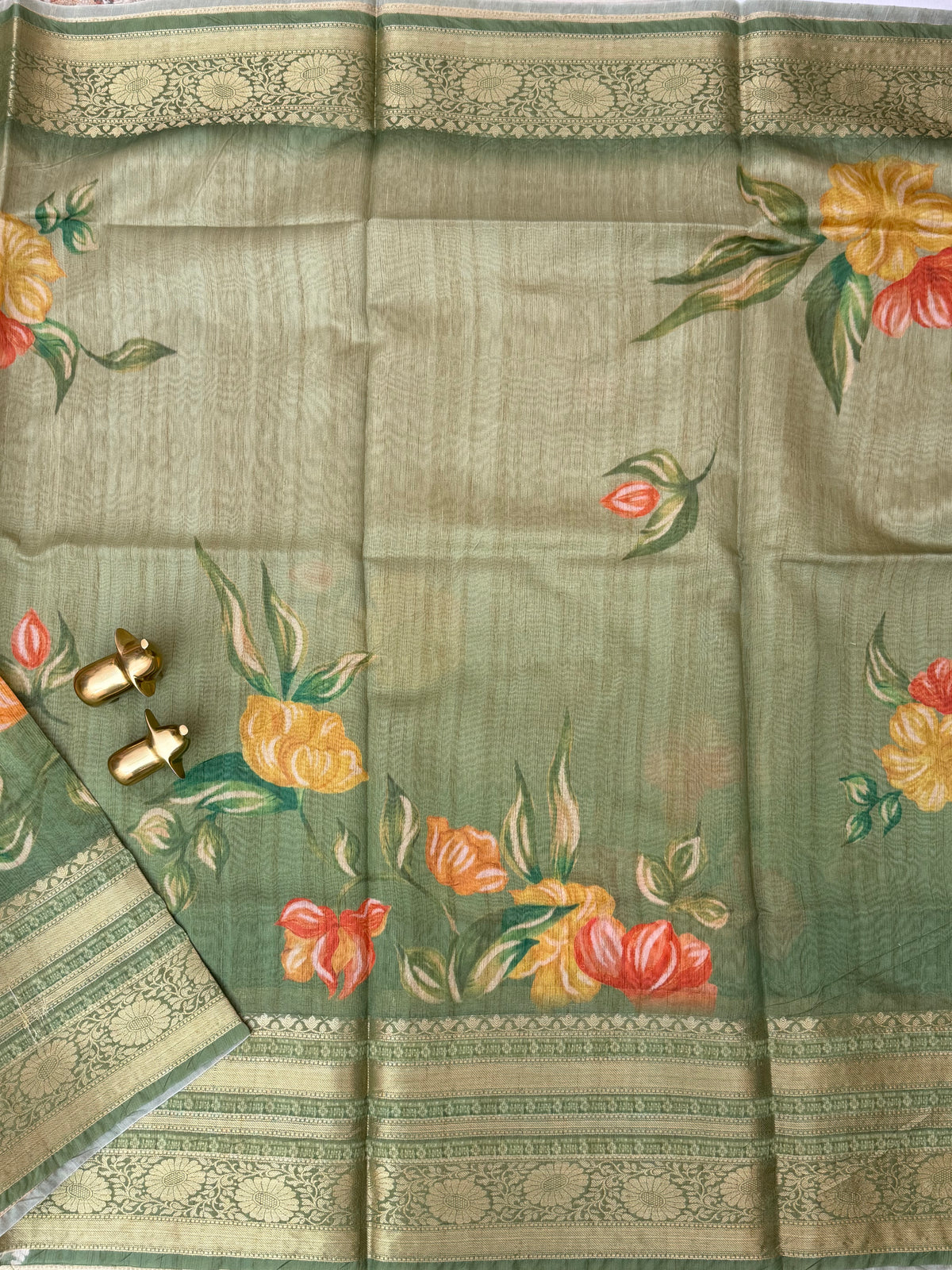 Unique Semi Tussar with Zari Border and Digital Prints - Green