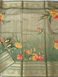 Unique Semi Tussar with Zari Border and Digital Prints - Green