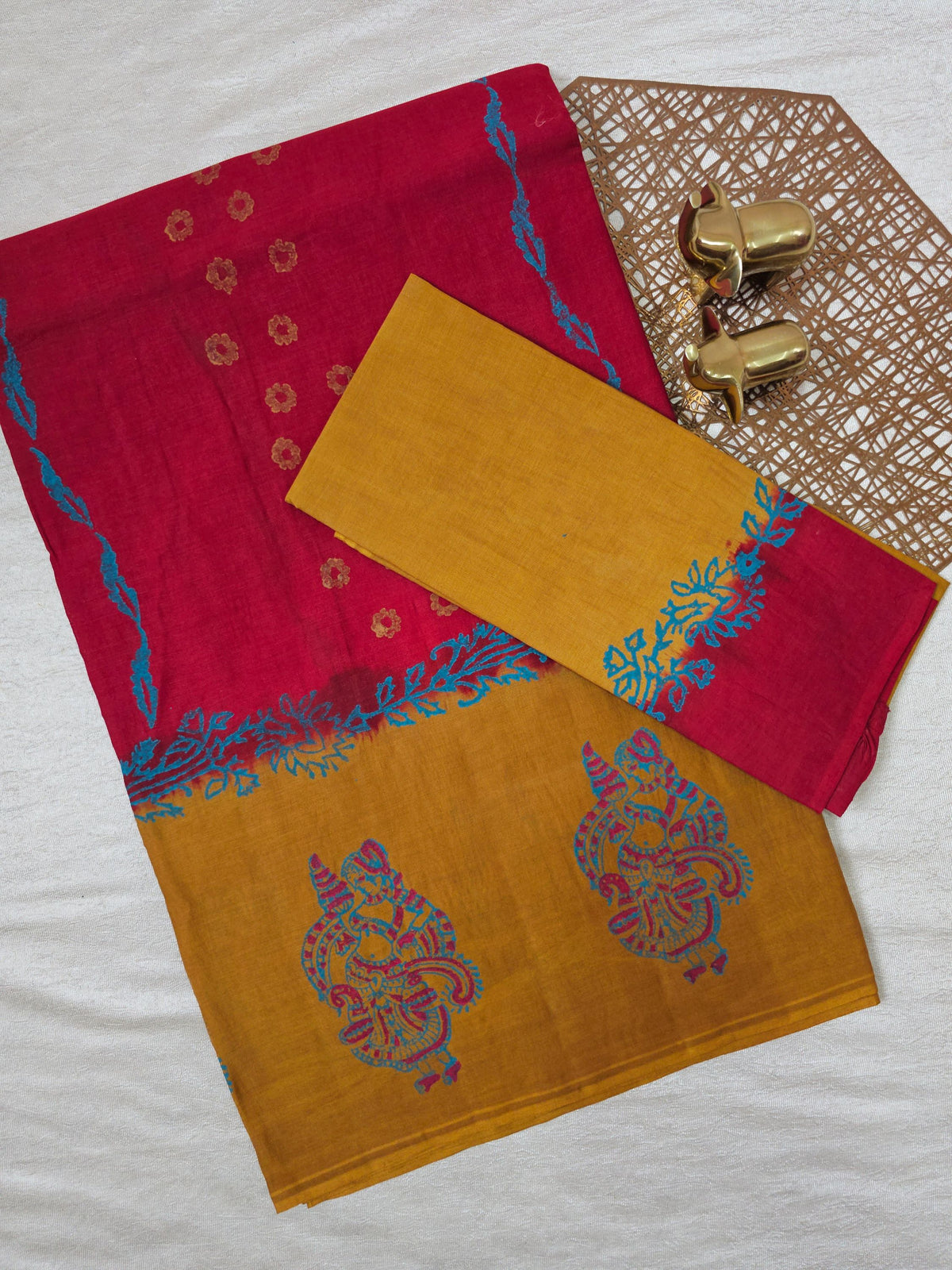 Pure Cotton with Hand Block Prints - Red with Mustard Yellow