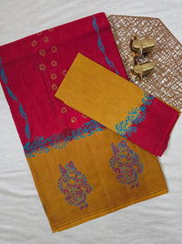 Pure Cotton with Hand Block Prints - Red with Mustard Yellow