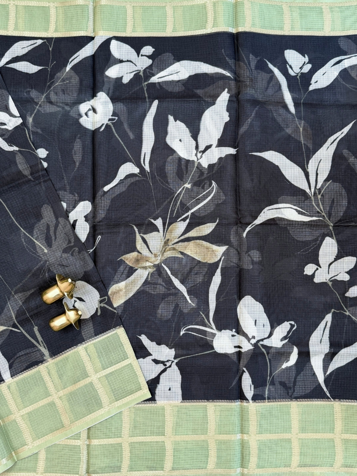 Premium Soft Semi Tussar Kota Weaving with Digital Prints - Black with Green