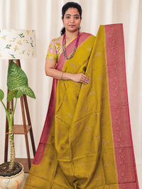 Jute Banarasi Silk Saree - Mustard Yellow with Pink