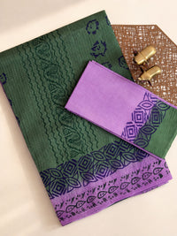 Pure Cotton with Checks Hand Block Prints - Green with Purple
