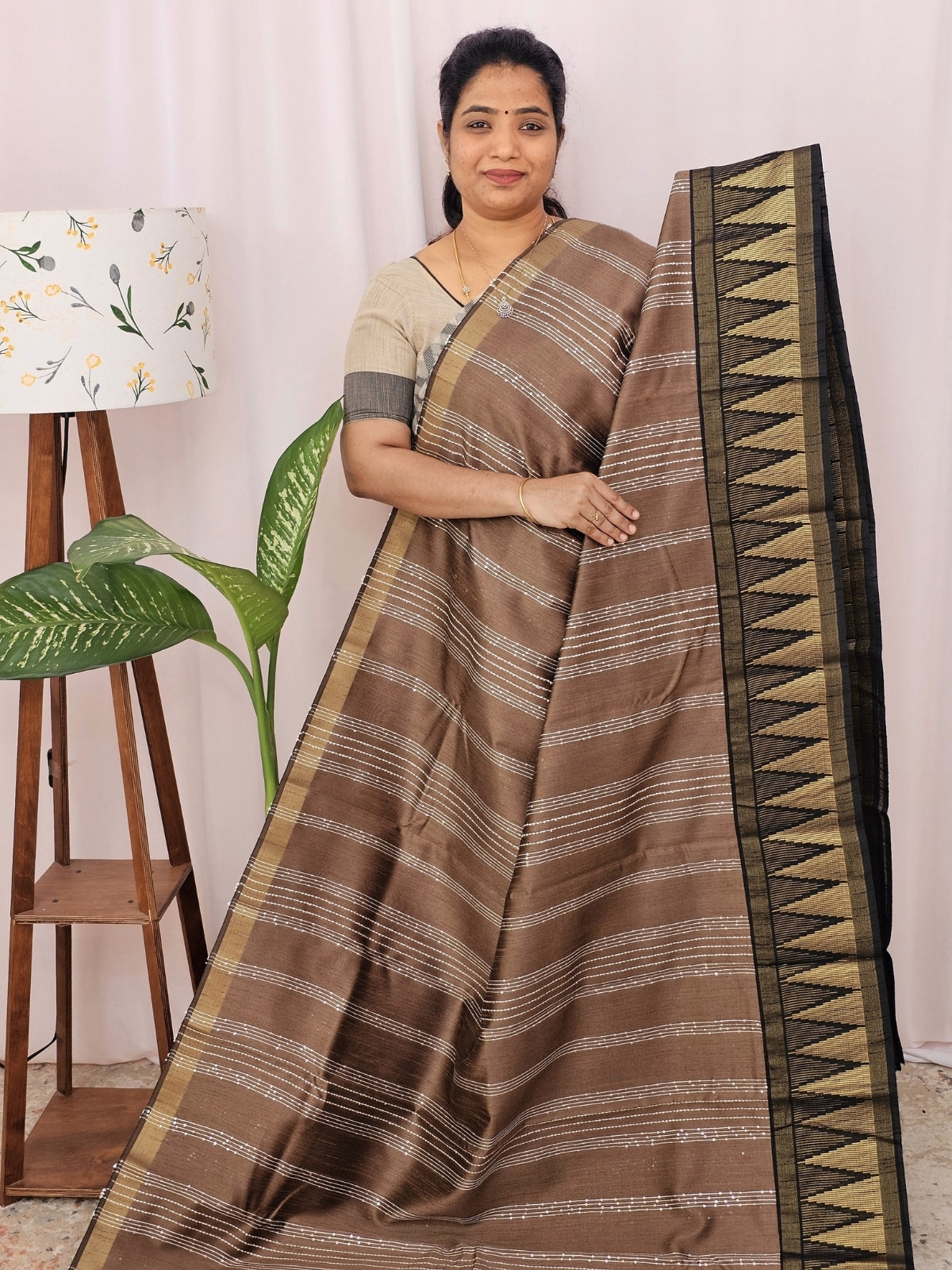 Semi Raw Silk Saree - Brown with Black