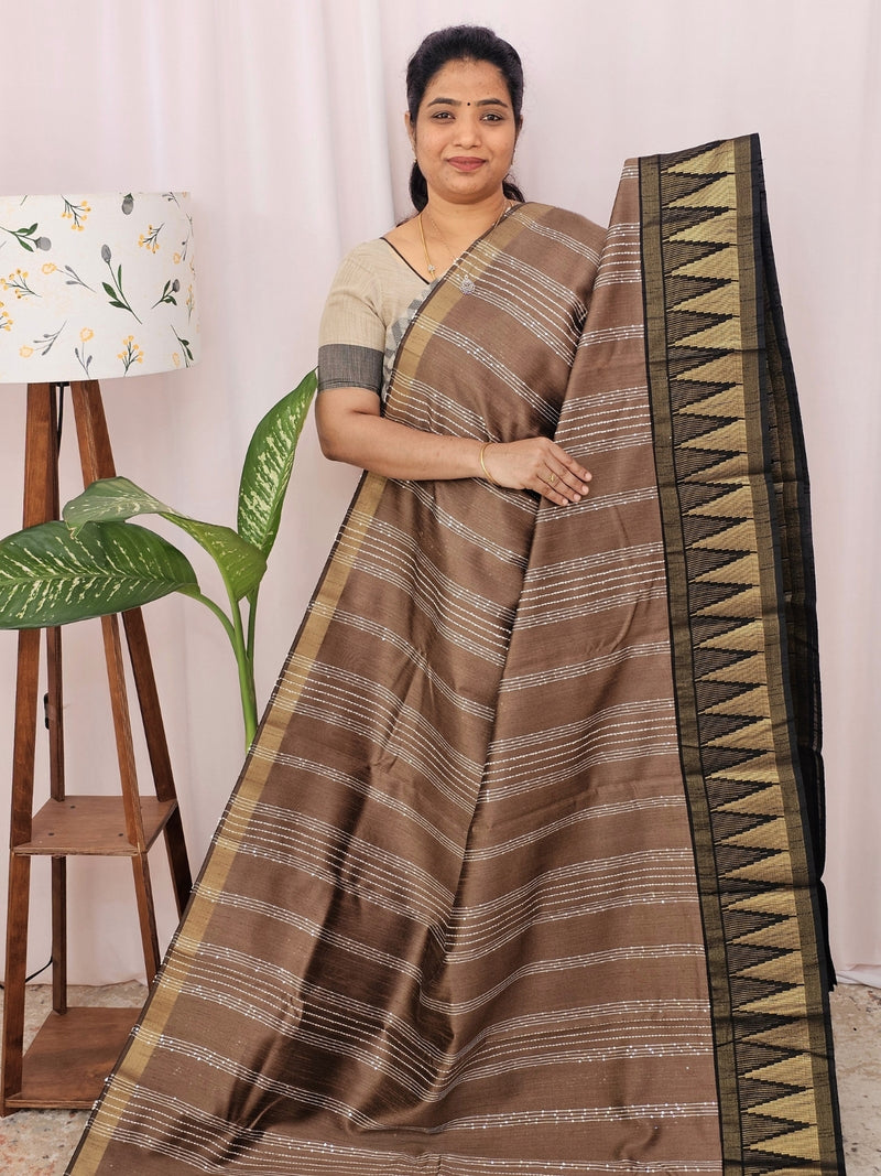 Semi Raw Silk Saree - Brown with Black