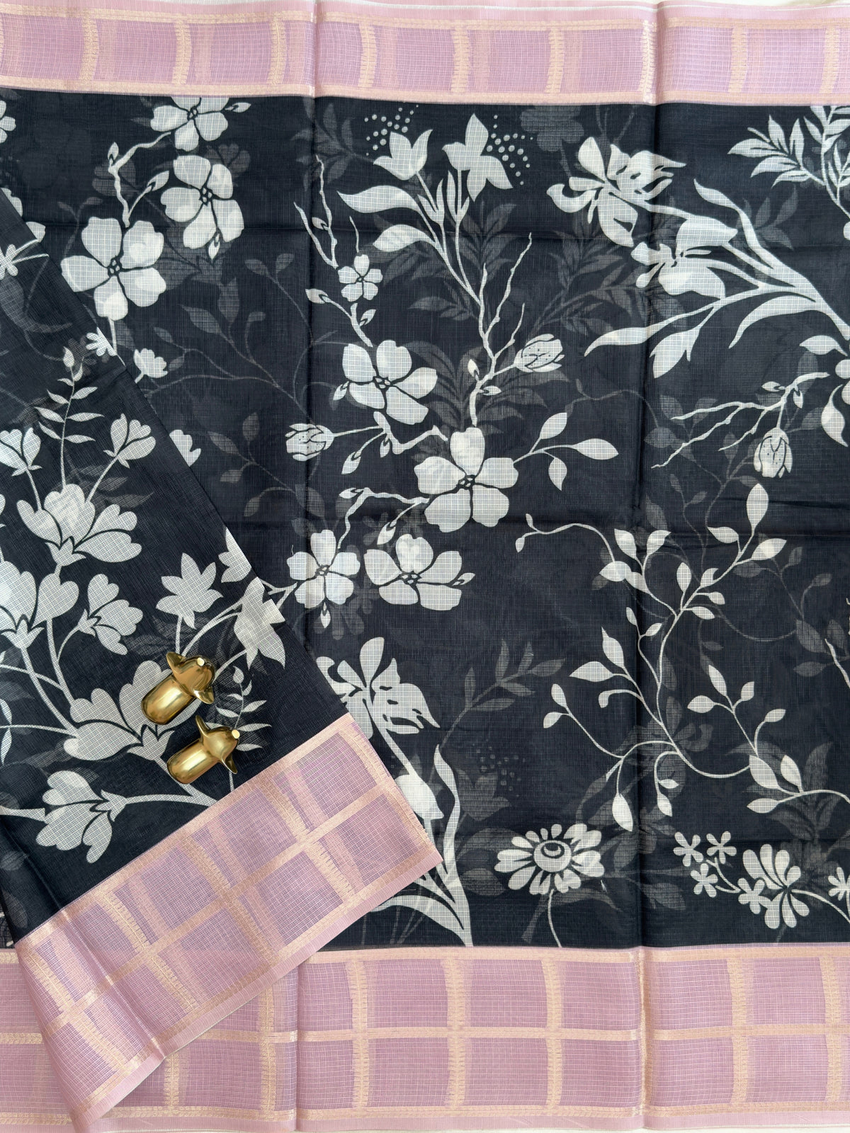 Premium Soft Semi Tussar Kota Weaving with Digital Prints - Black with Onion Pink