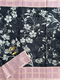 Premium Soft Semi Tussar Kota Weaving with Digital Prints - Black with Onion Pink