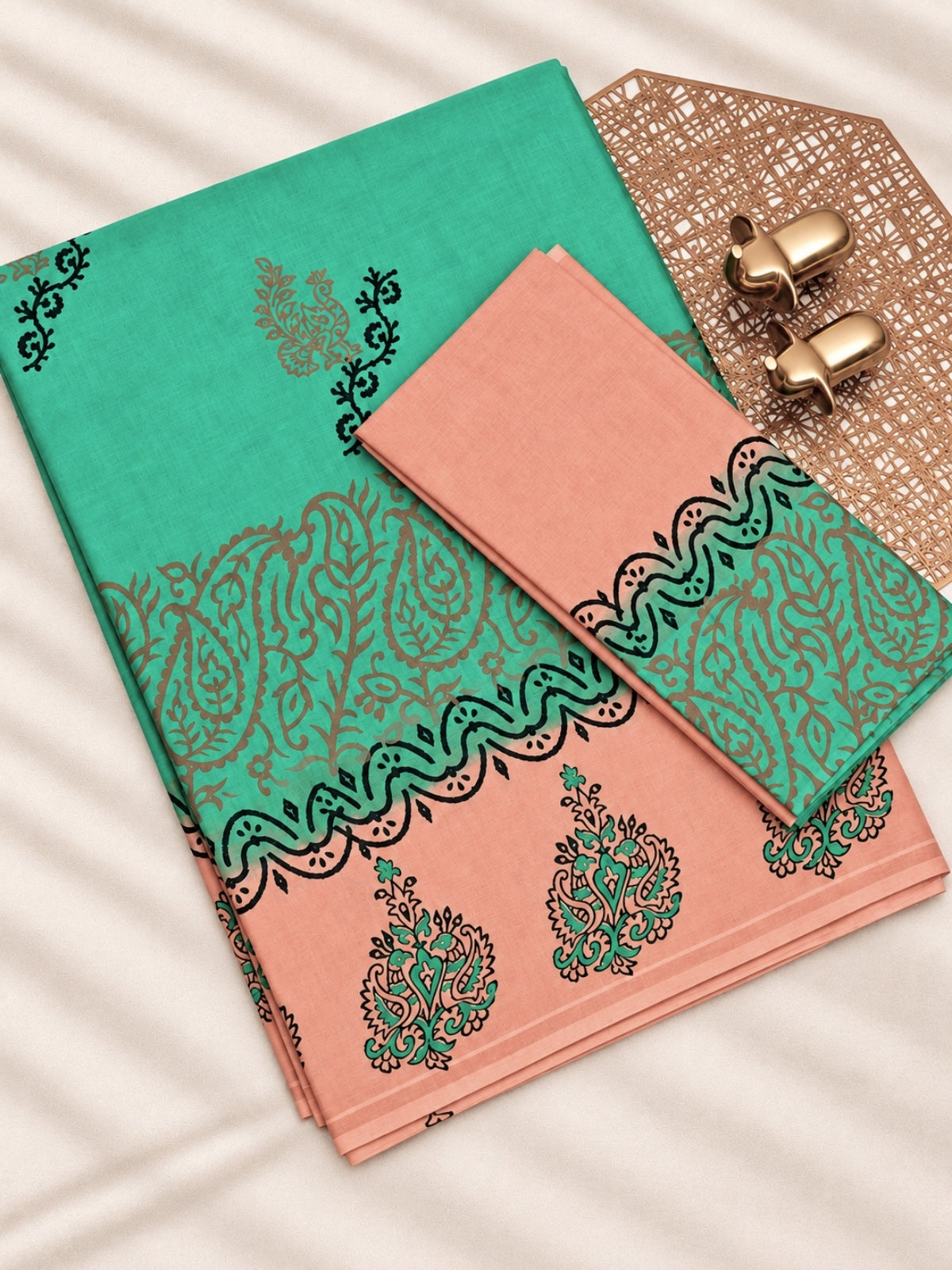 Pure Cotton with Hand Block Prints - Green with Peach