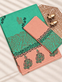 Pure Cotton with Hand Block Prints - Green with Peach