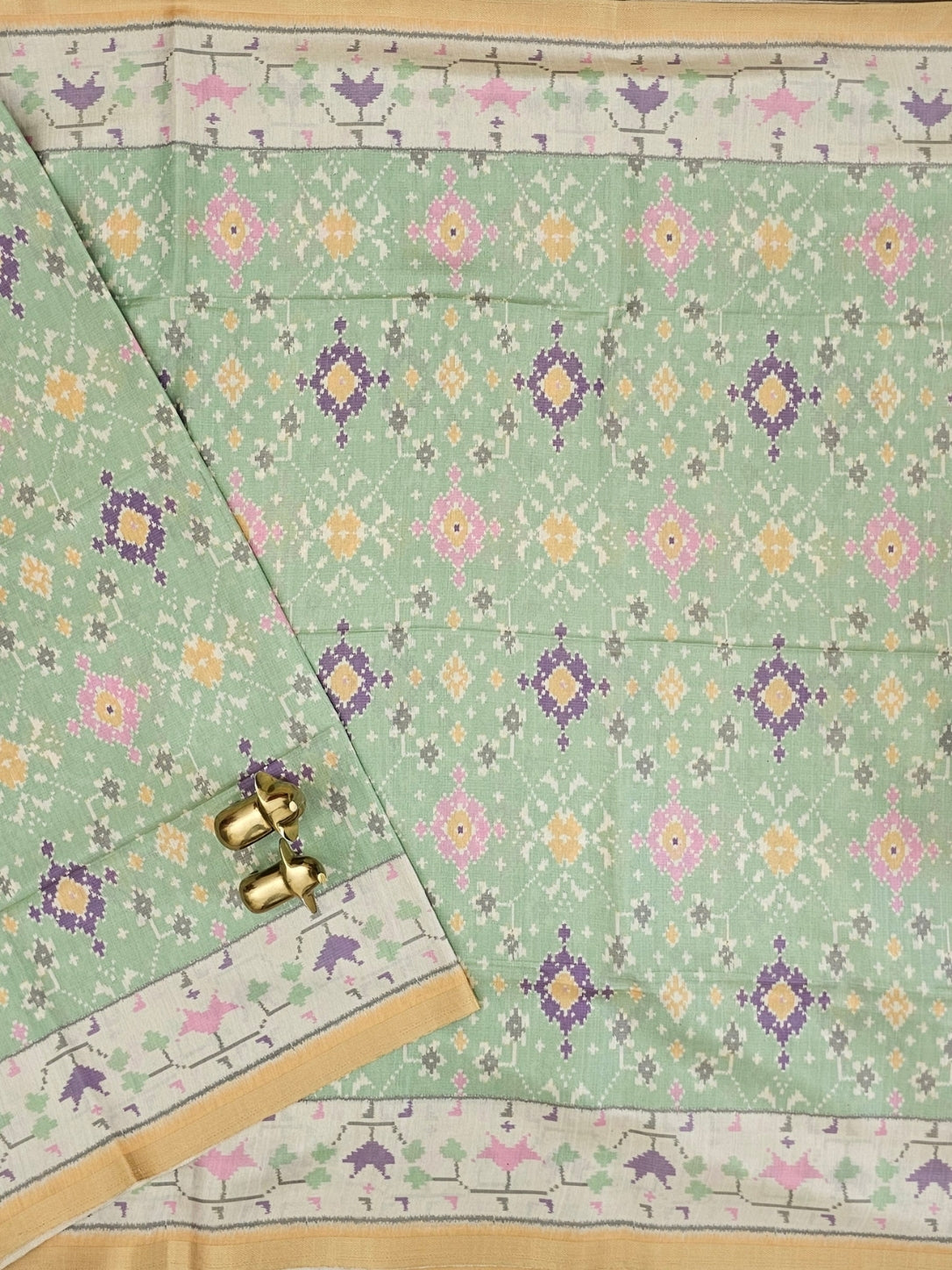 Patola Inspried Semi Tussar Saree  - Pastel Green