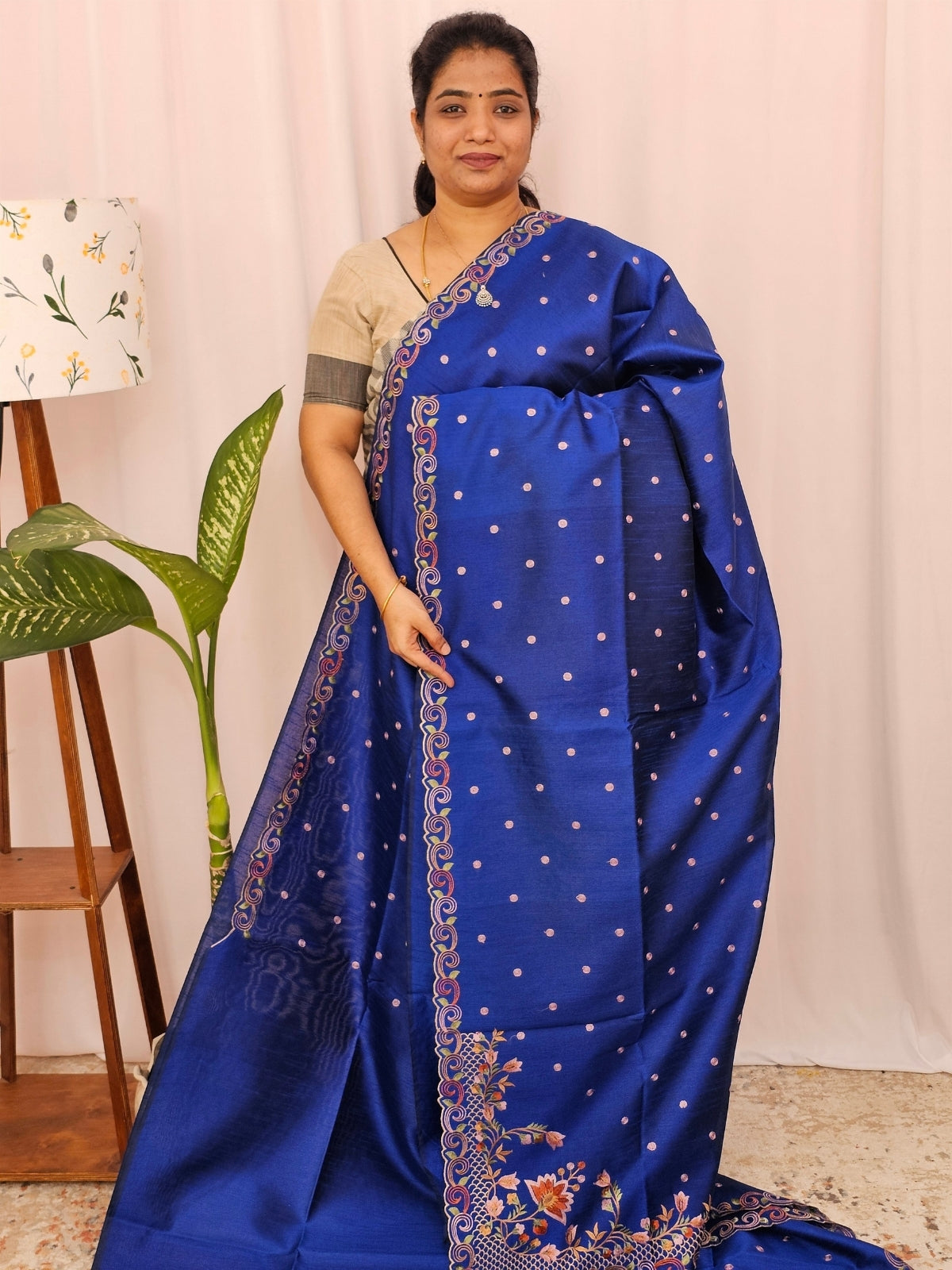 Semi Raw Silk with Emboridery - Royal Blue