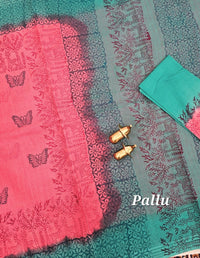 Pure Cotton with Checks Hand Block Prints - Peaching Pink with Rama Green