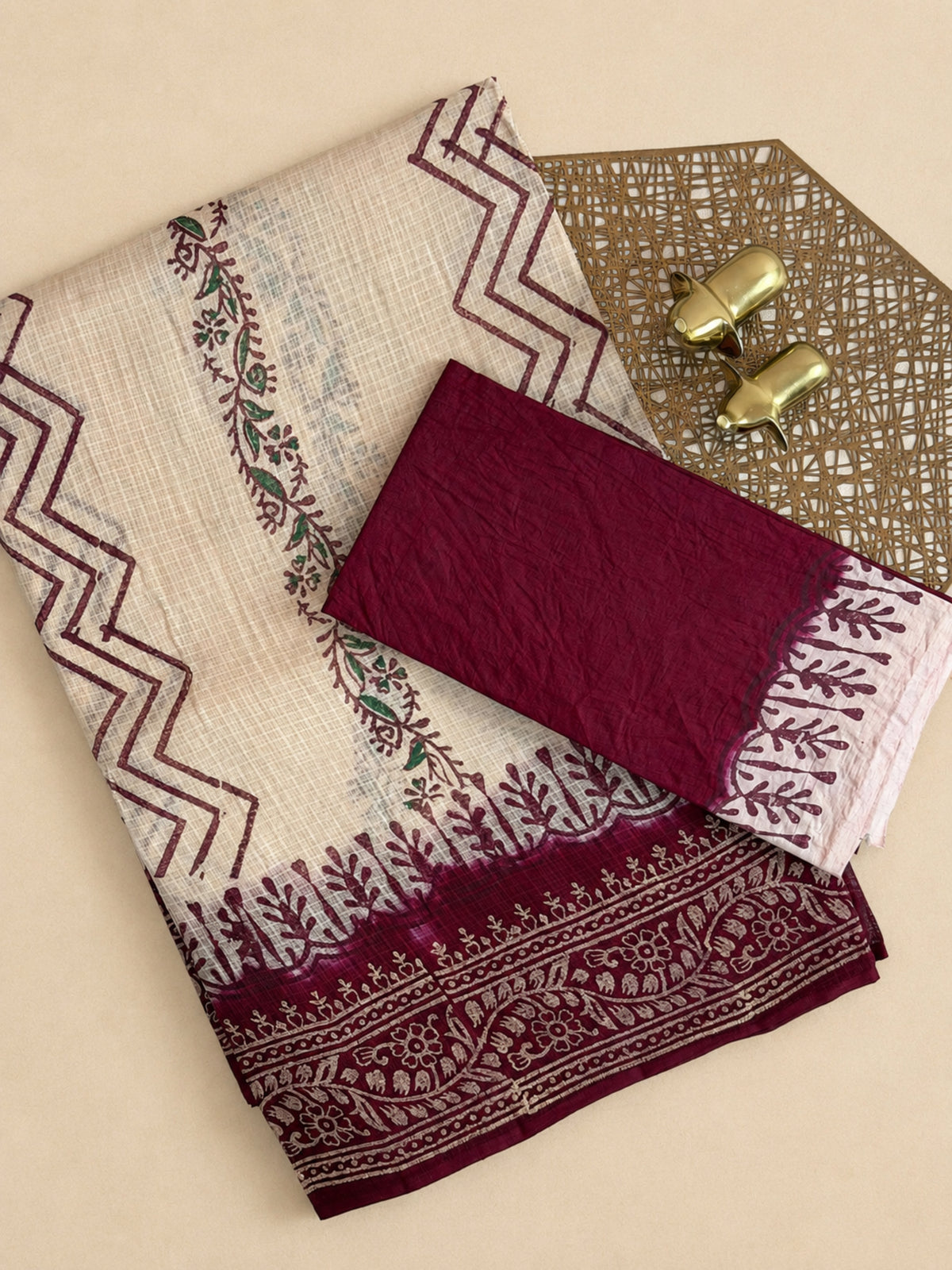 Pure Cotton with Checks Hand Block Prints - Cream with Maroon