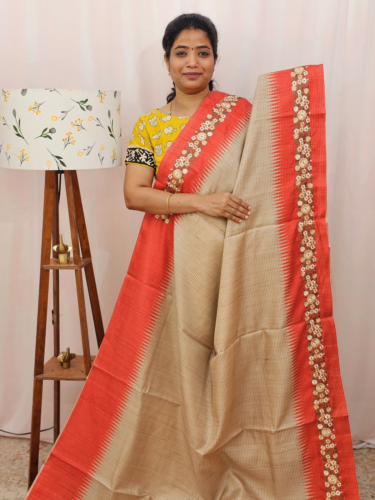 Premium Semi Tussar with  Heavy Floral Emboridery Saree - Red