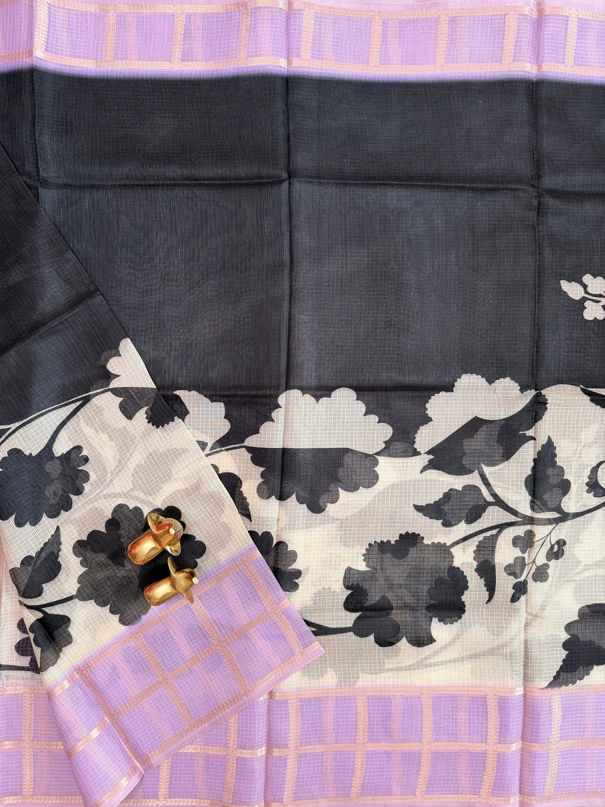 Premium Soft Semi Tussar Kota Weaving with Digital Prints - Cream with Lavender