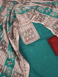 Cotton Unstitched Salwar - Peacock Green with Maroon