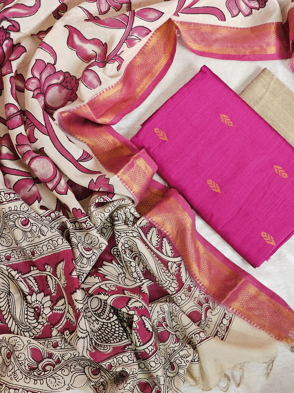 Raw Silk Unstitched Salwar - Pink with Beige