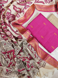 Raw Silk Unstitched Salwar - Pink with Beige