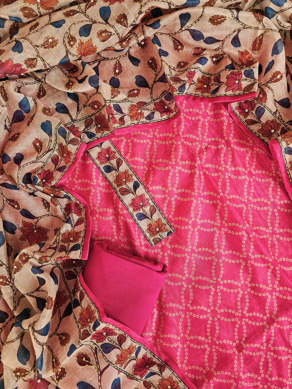 Chanderi with Kantha Unstitched Salwar Suit - Pink