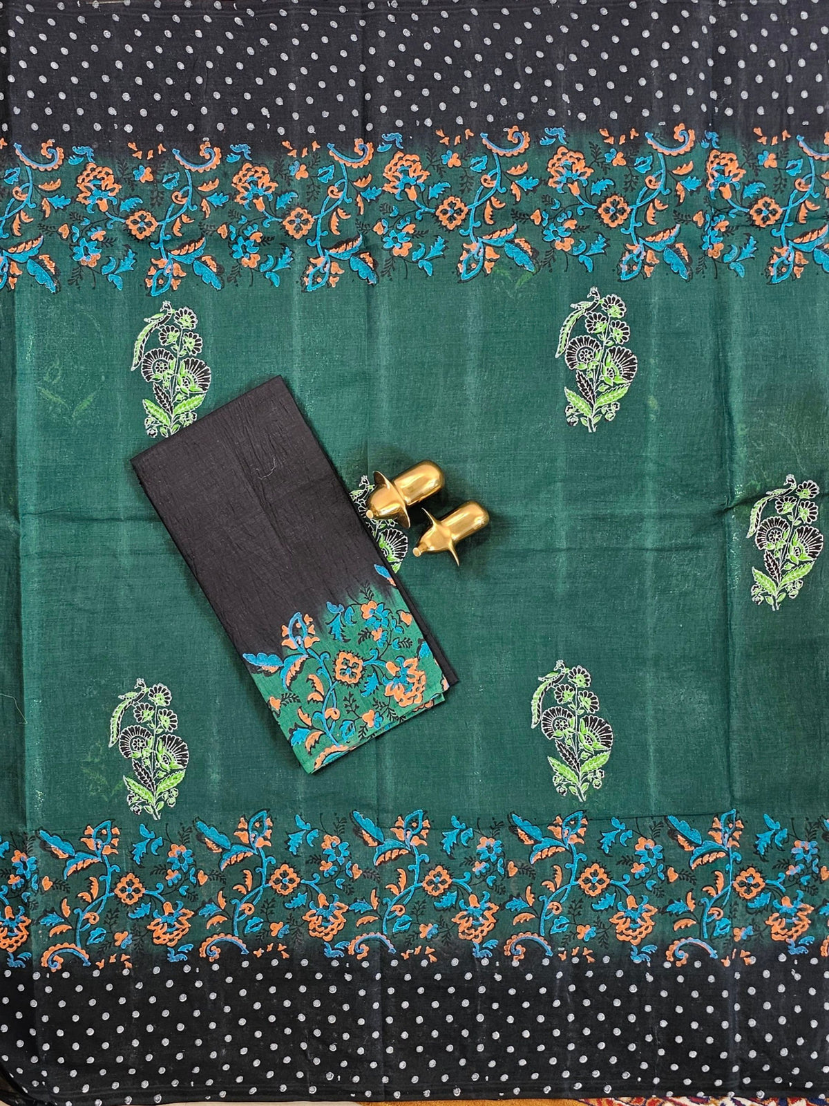 Pure Cotton with Hand Block Prints - Dark Green with Black