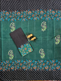 Pure Cotton with Hand Block Prints - Dark Green with Black