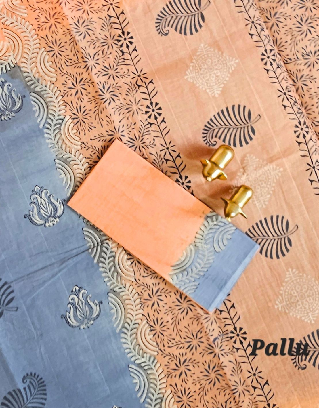 Pure Cotton with Hand Block Prints - Grey with Brown