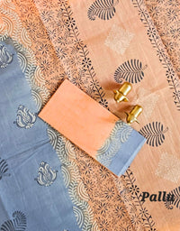 Pure Cotton with Hand Block Prints - Grey with Brown