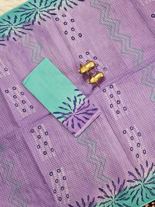 Pure Cotton with Checks Hand Block Prints - Purple with Sea Green