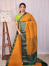 Jute Banarasi Saree - Mustard Yellow with Peacock Green