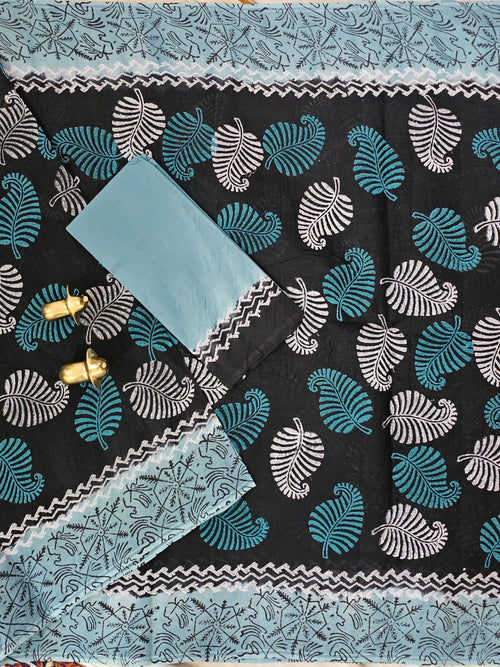 Pure Cotton with Hand Block Prints - Black with Blue