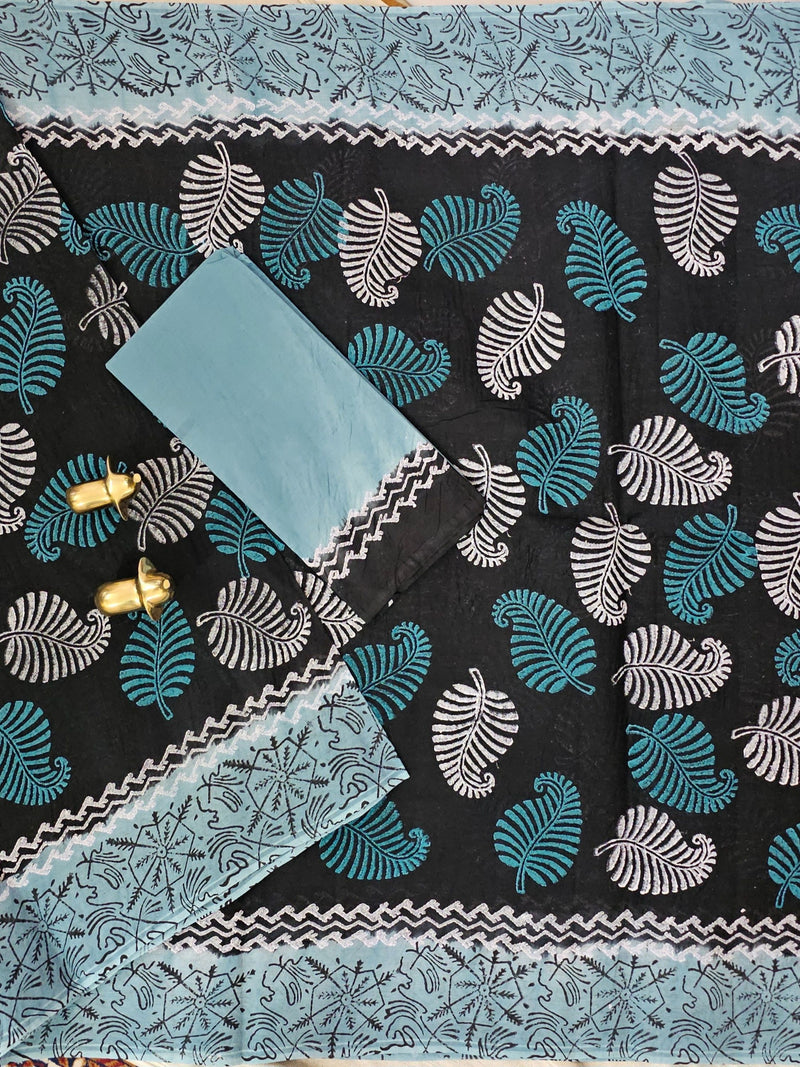 Pure Cotton with Hand Block Prints - Black with Blue