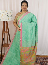Handwoven Mangalagiri Pattu Saree with Digital Prints  - Green with Pink