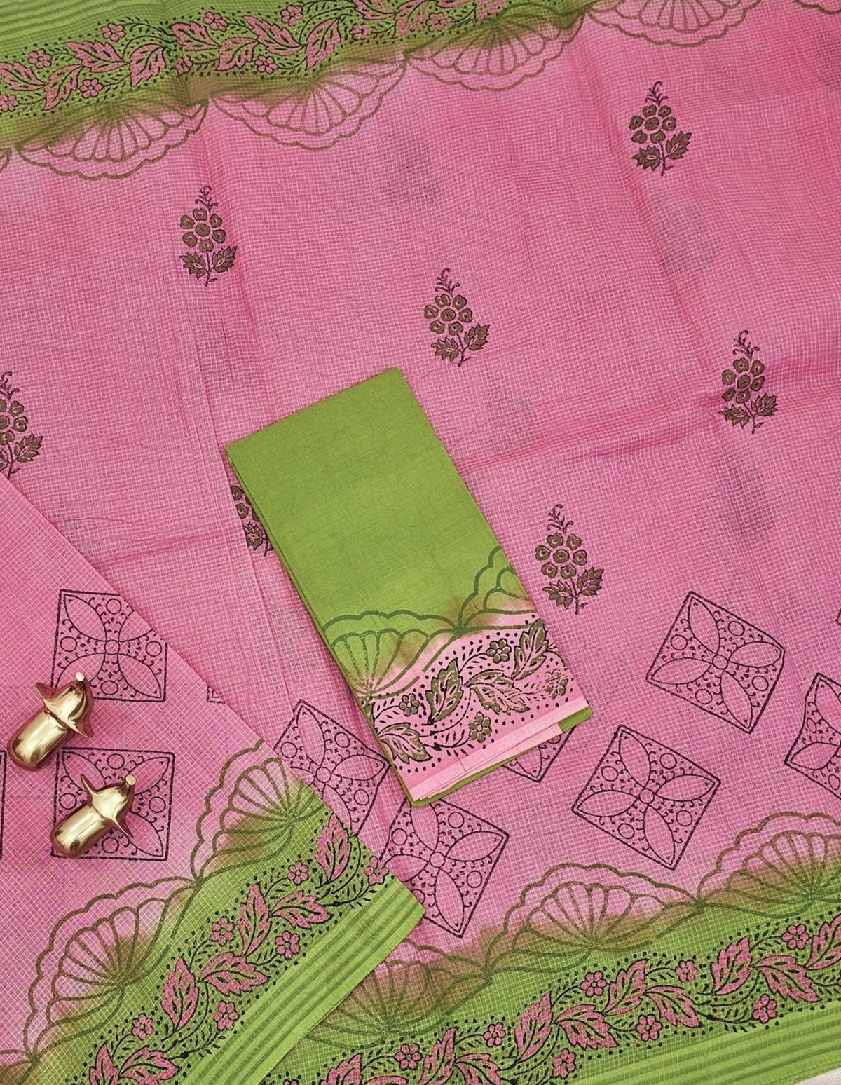 Pure Cotton with Checks Hand Block Prints - Onion Pink with Green