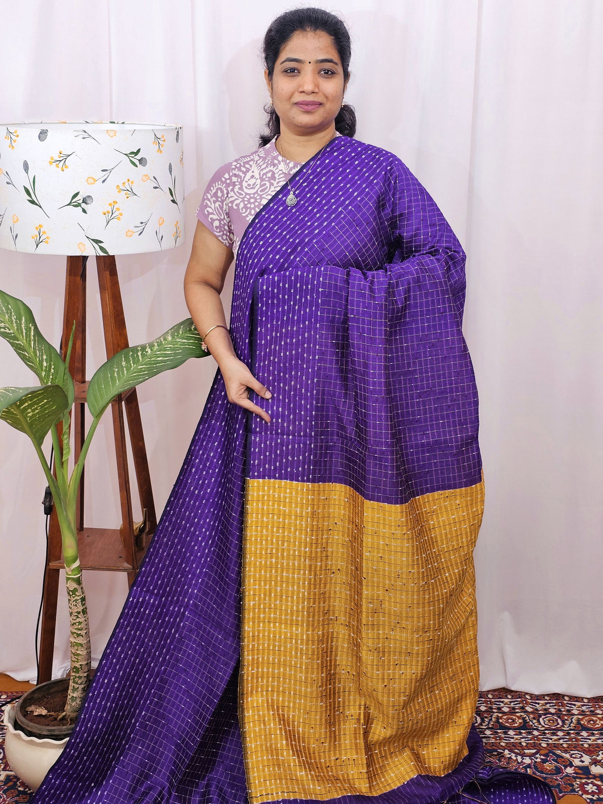 Semi Raw Silk Saree - Purple with Mustard Yellow