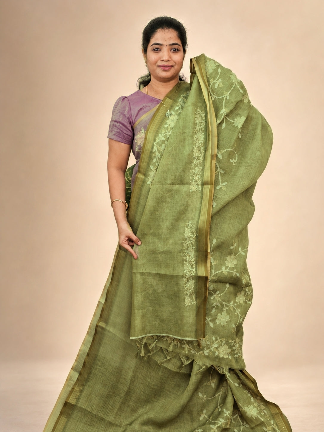 Linen Tissue with Aari Work - Sage Green