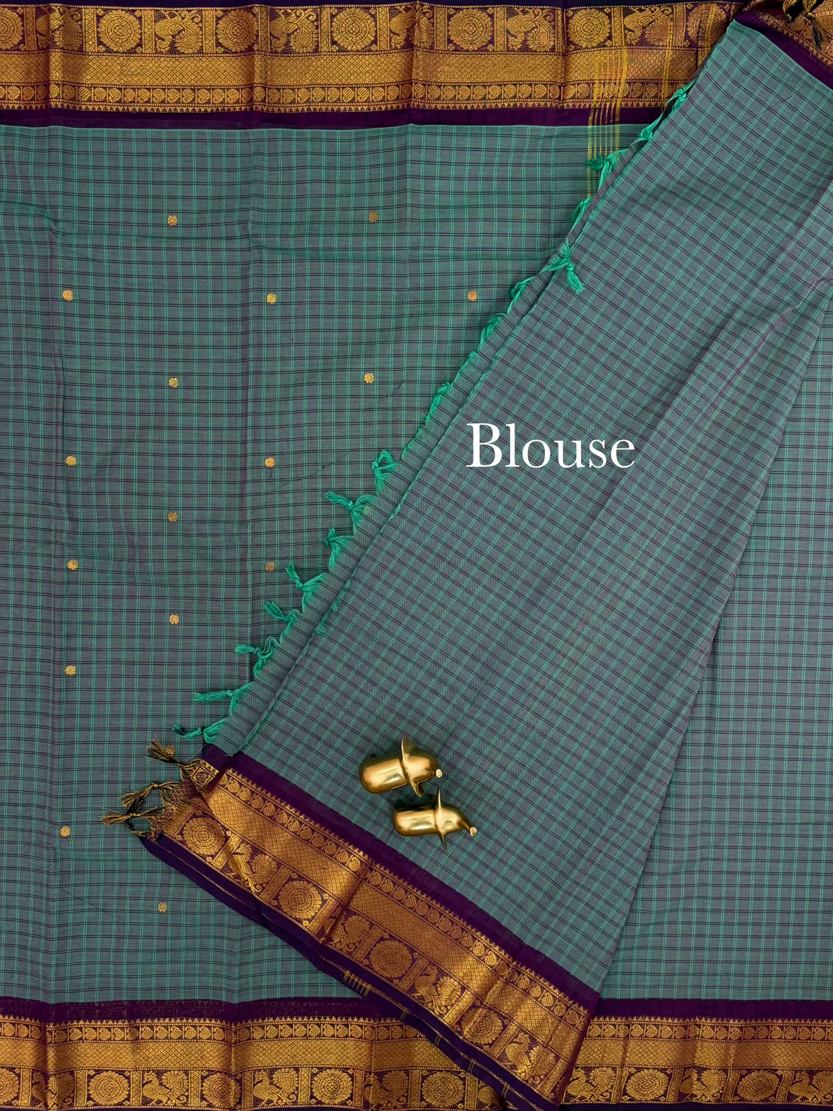 Chettinad Cotton Saree - Rama Green with Dark Purple Checks