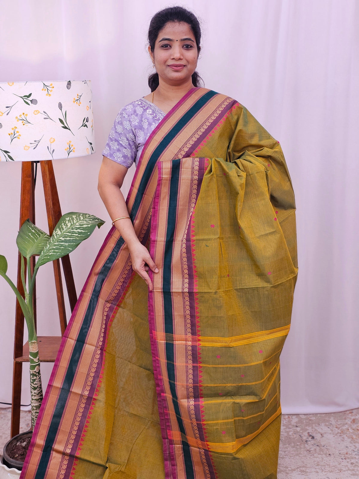 Kanchi Cotton Saree - Brown with Pink