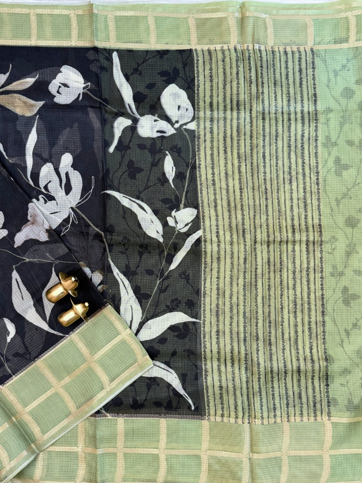 Premium Soft Semi Tussar Kota Weaving with Digital Prints - Black with Green