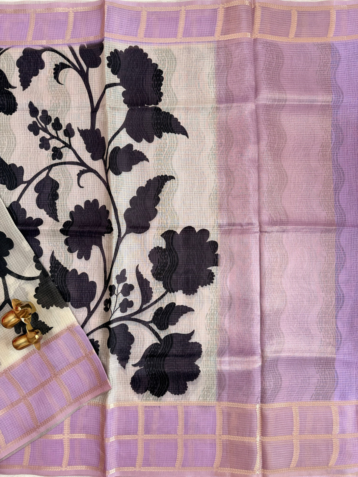 Premium Soft Semi Tussar Kota Weaving with Digital Prints - Cream with Lavender