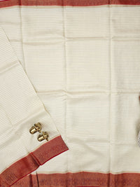 Semi Kathan Silk Saree - Off White with Red