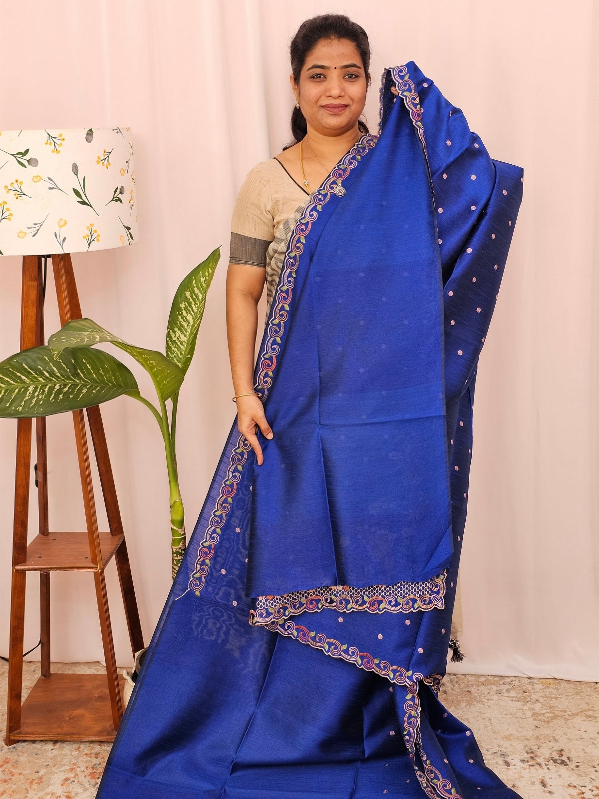 Semi Raw Silk with Emboridery - Royal Blue