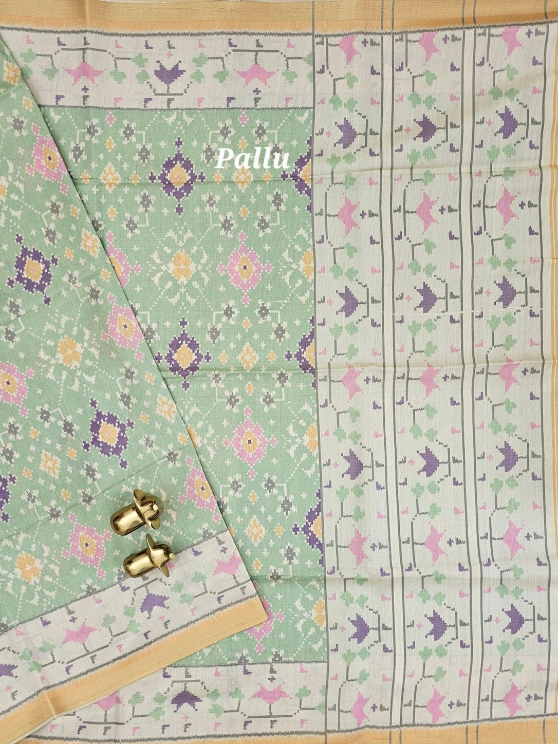 Patola Inspried Semi Tussar Saree  - Pastel Green