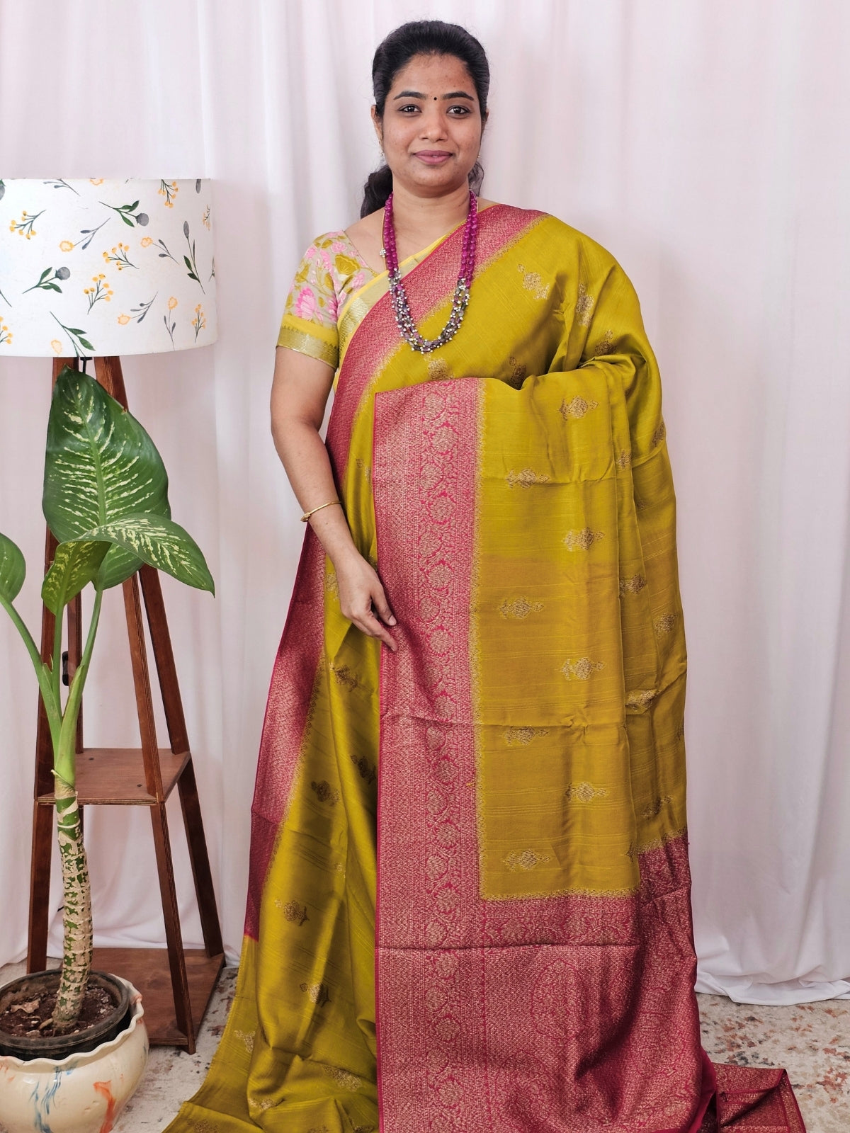 Jute Banarasi Silk Saree - Mustard Yellow with Pink