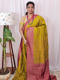 Jute Banarasi Silk Saree - Mustard Yellow with Pink